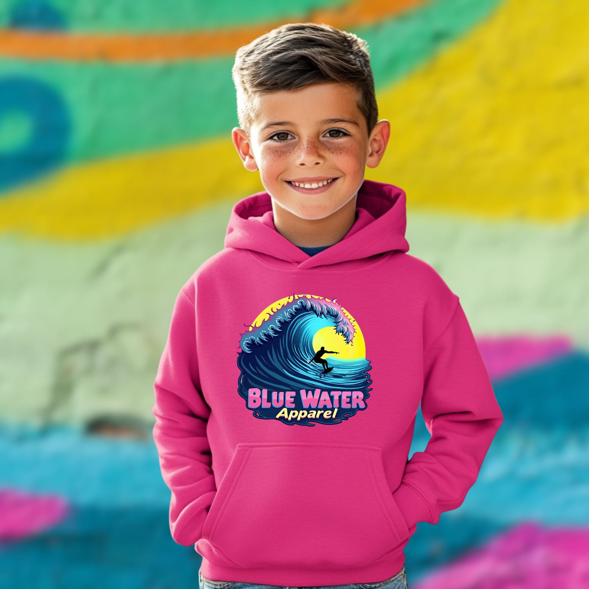 male model wearing heliconia neon surfer kids hoodie by blue water apparel