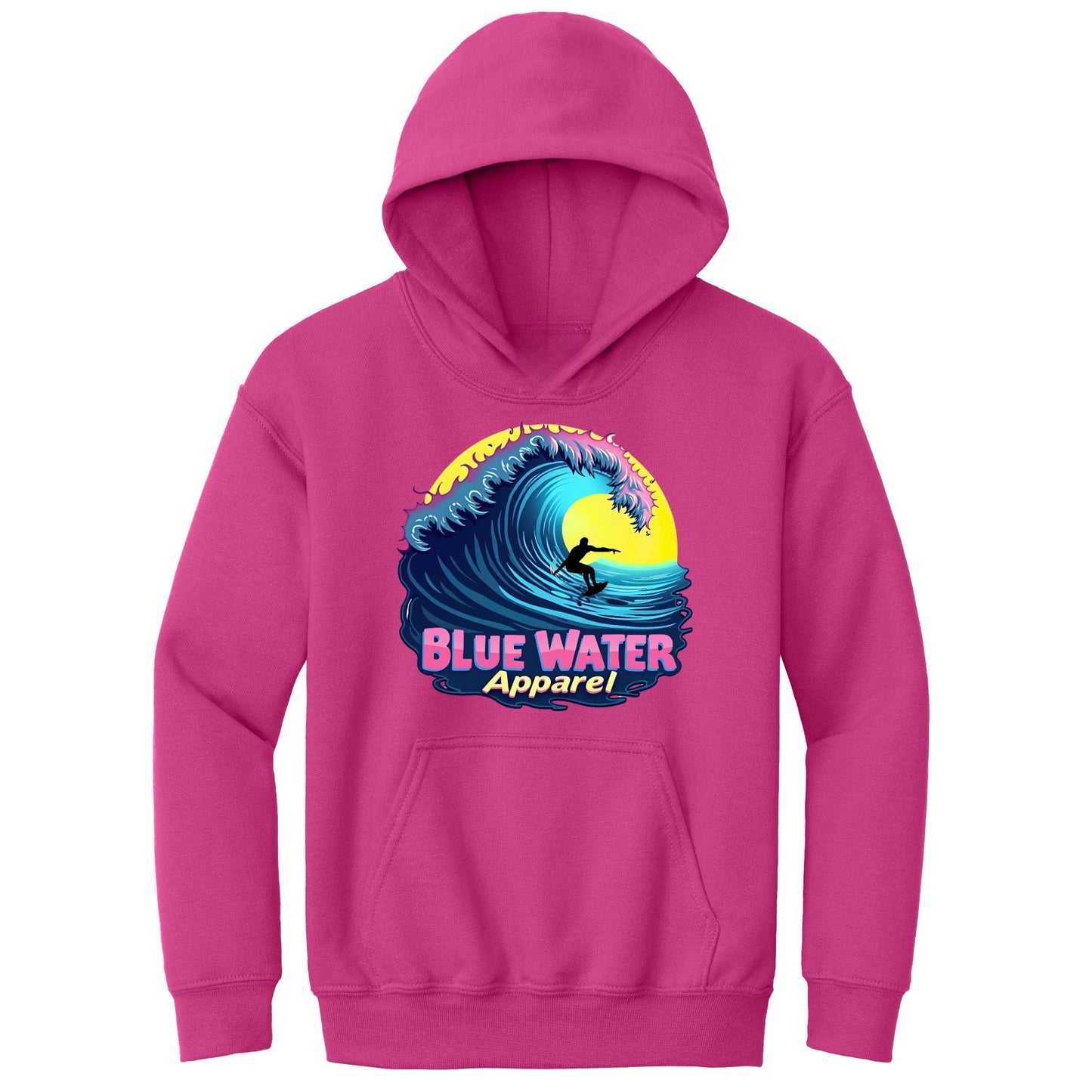 flat lay heliconia neon surfer kids hoodie by blue water apparel