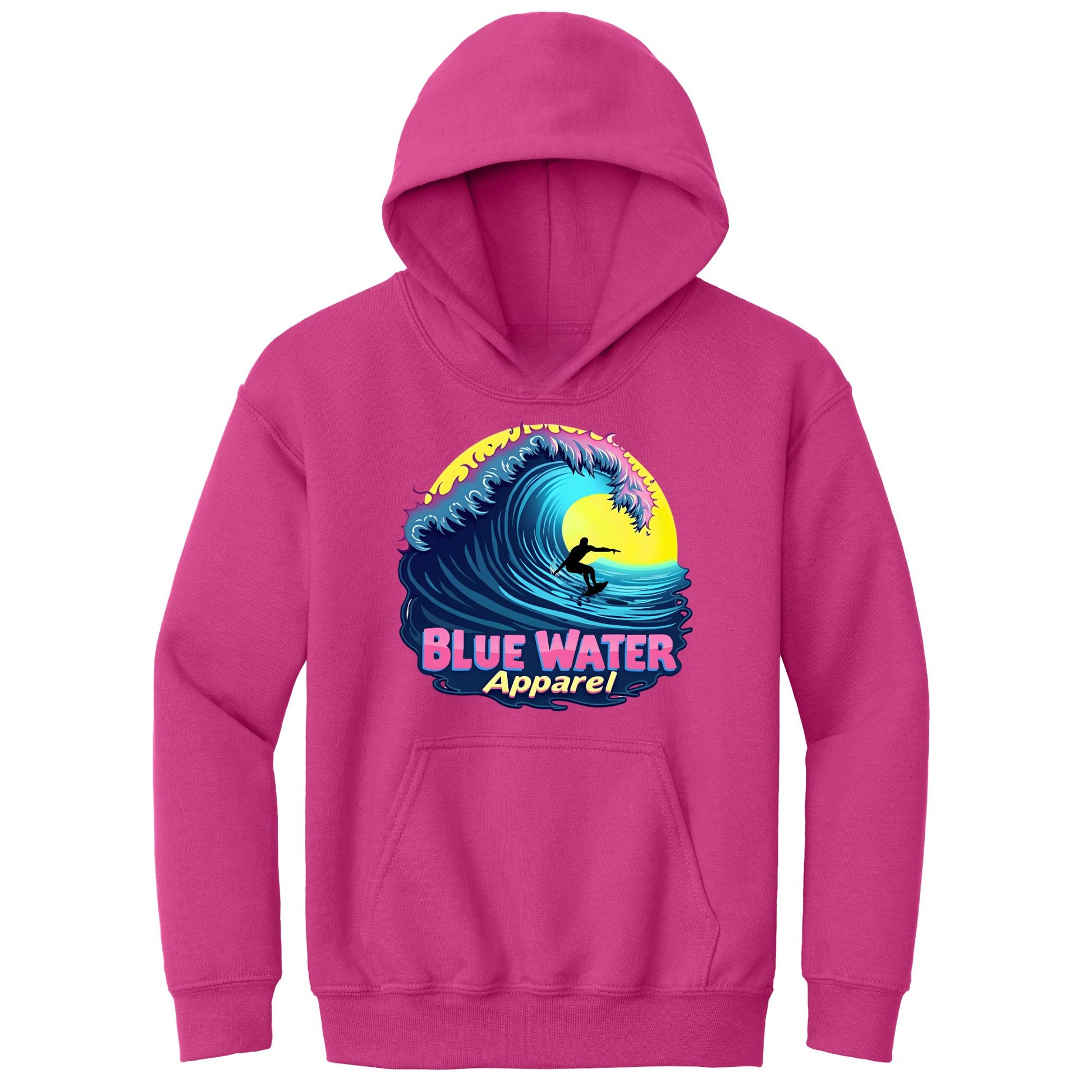 flat lay heliconia neon surfer kids hoodie by blue water apparel