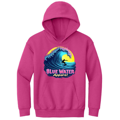 flat lay heliconia neon surfer kids hoodie by blue water apparel