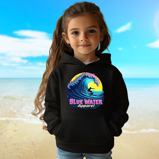 female child model on beach wearing neon surfer hoodie by blue water apparel