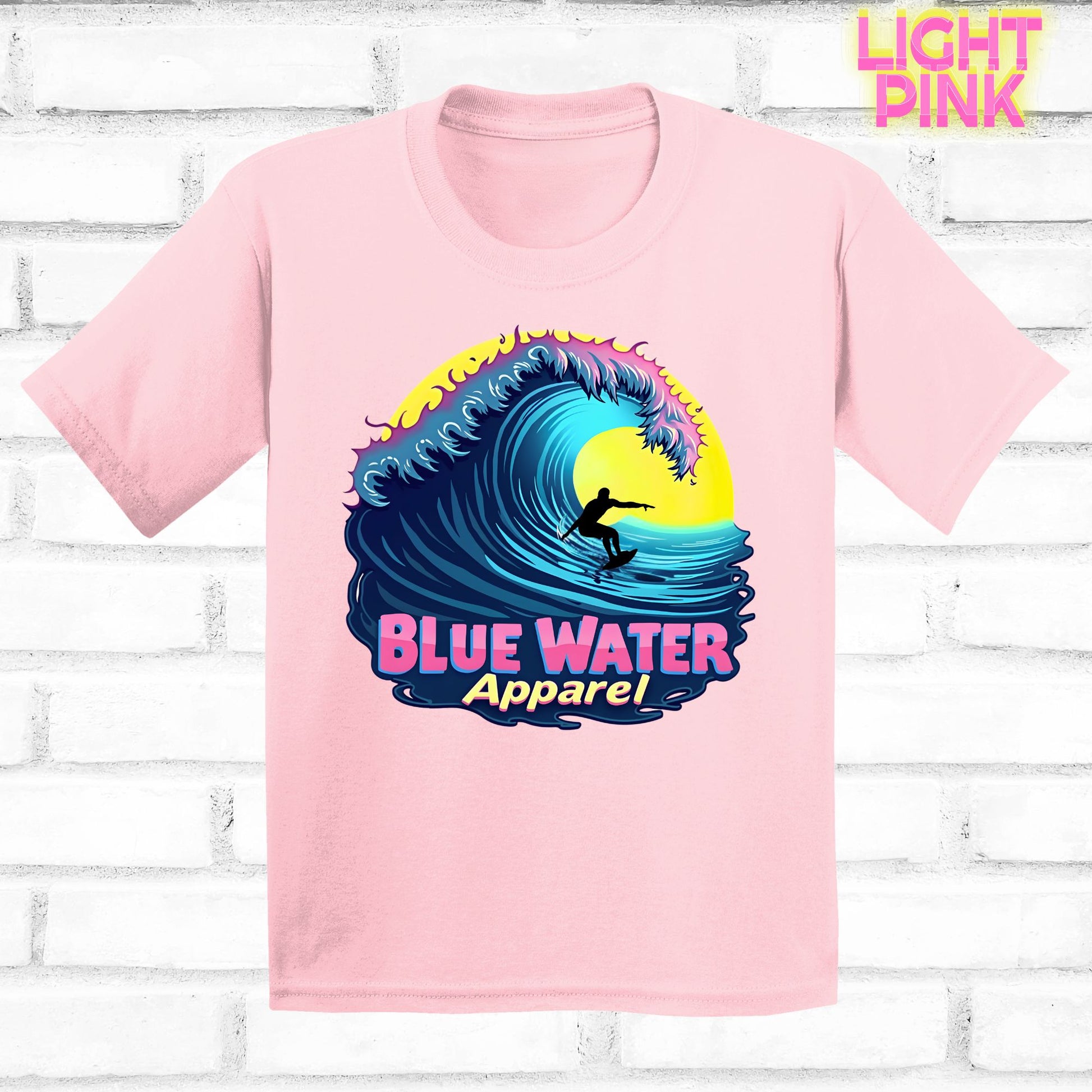 flat lay kids light pink neon surfer tee by blue water apparel