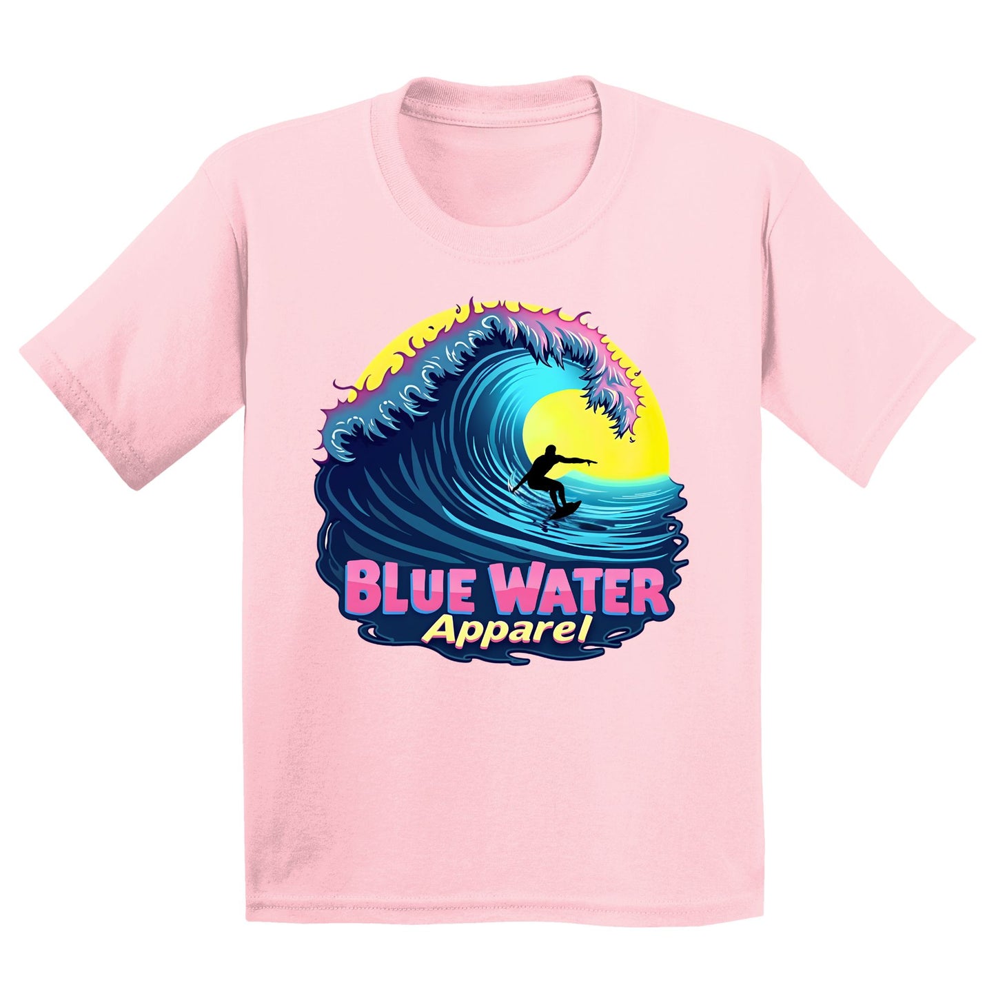 flat lay light pink neon surfer kids tee by blue water apparel
