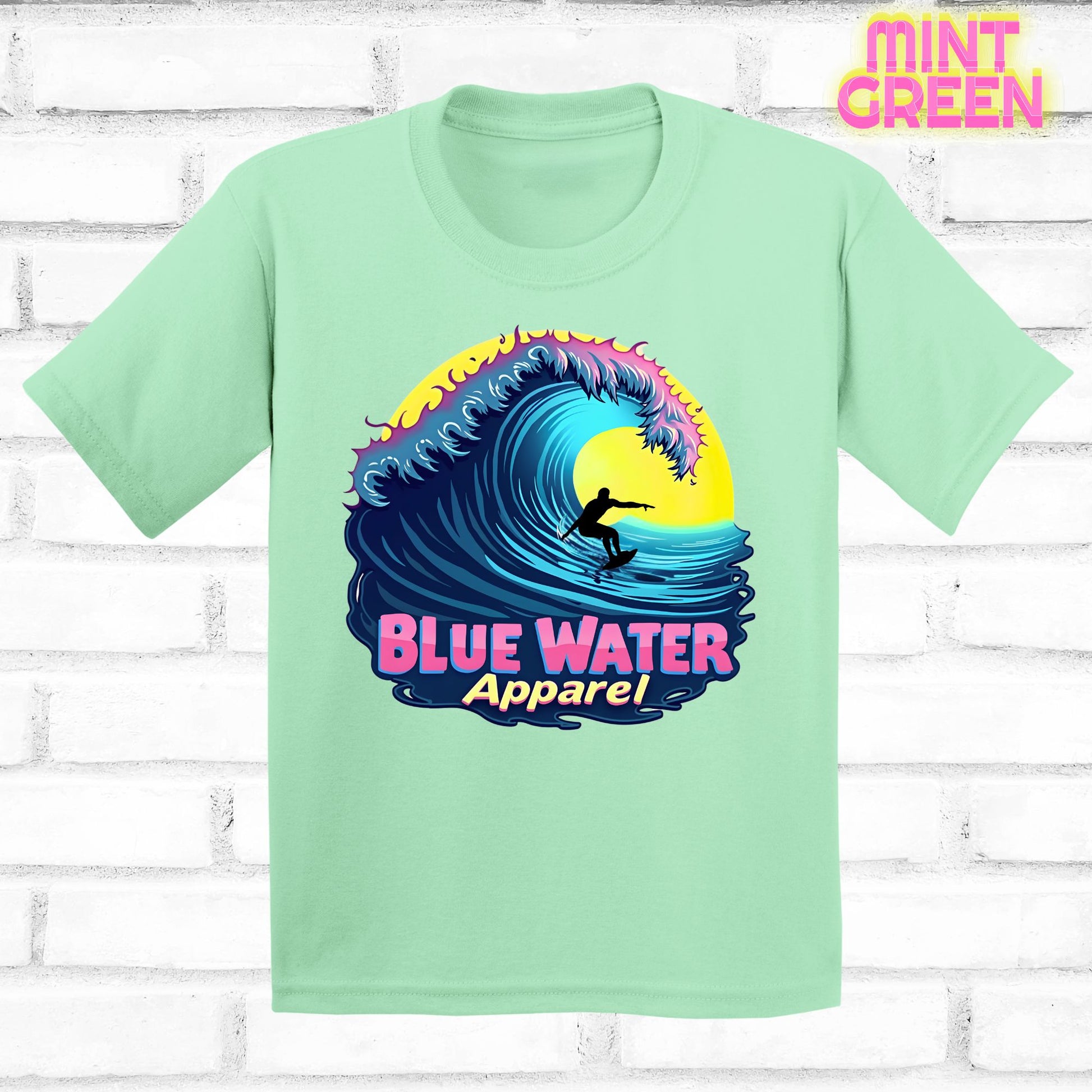 flat lay kids mint green neon surfer tee by blue water apparel