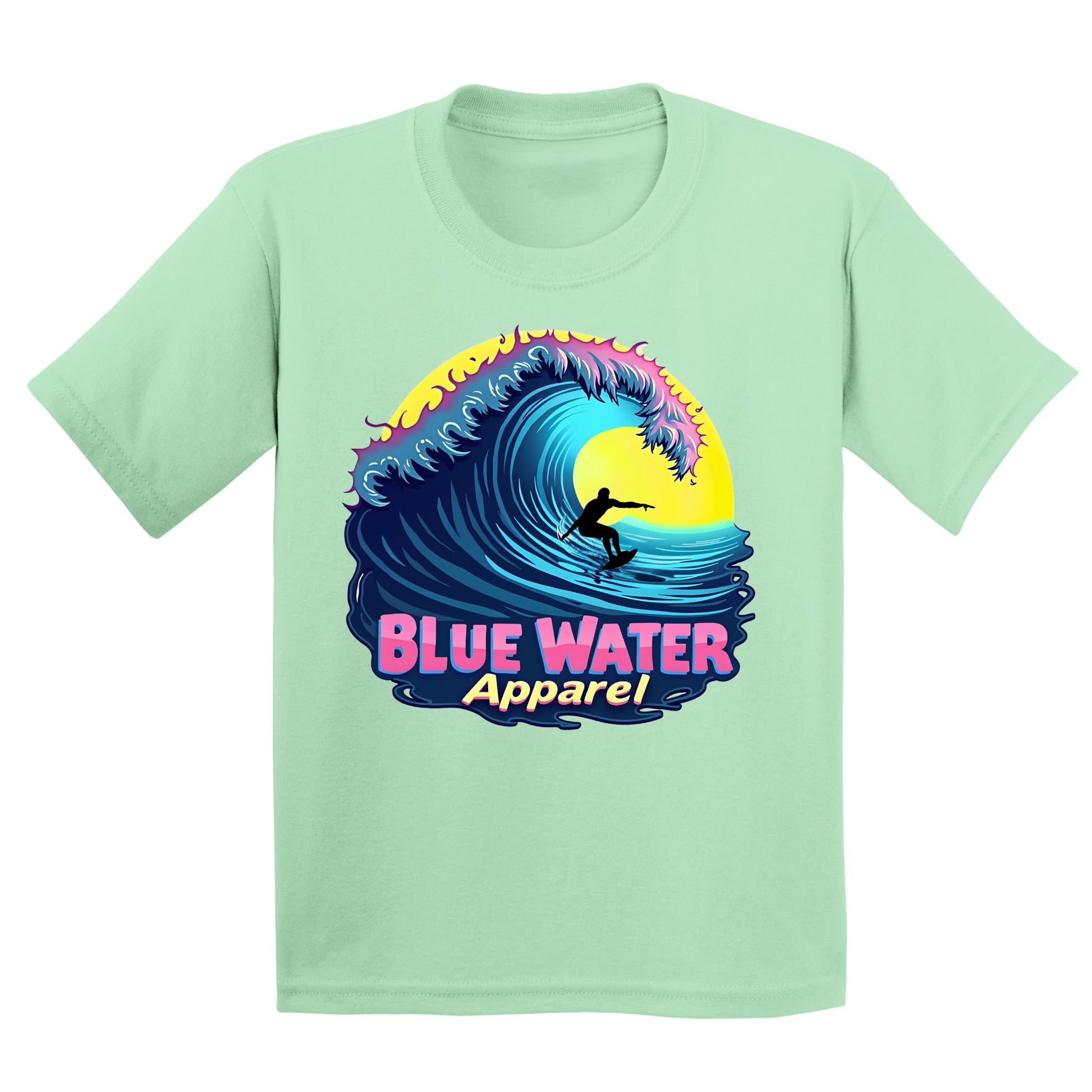 flat lay mint green neon surfer kids tee by blue water apparel