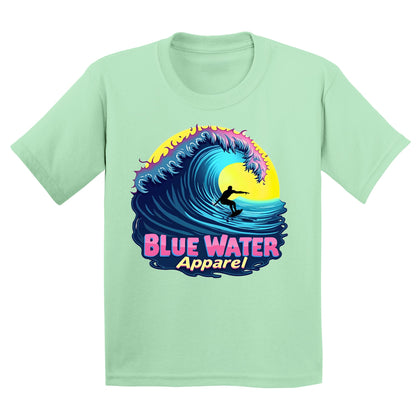 flat lay mint green neon surfer kids tee by blue water apparel