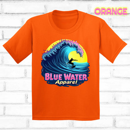 flat lay kids orange neon surfer tee by blue water apparel