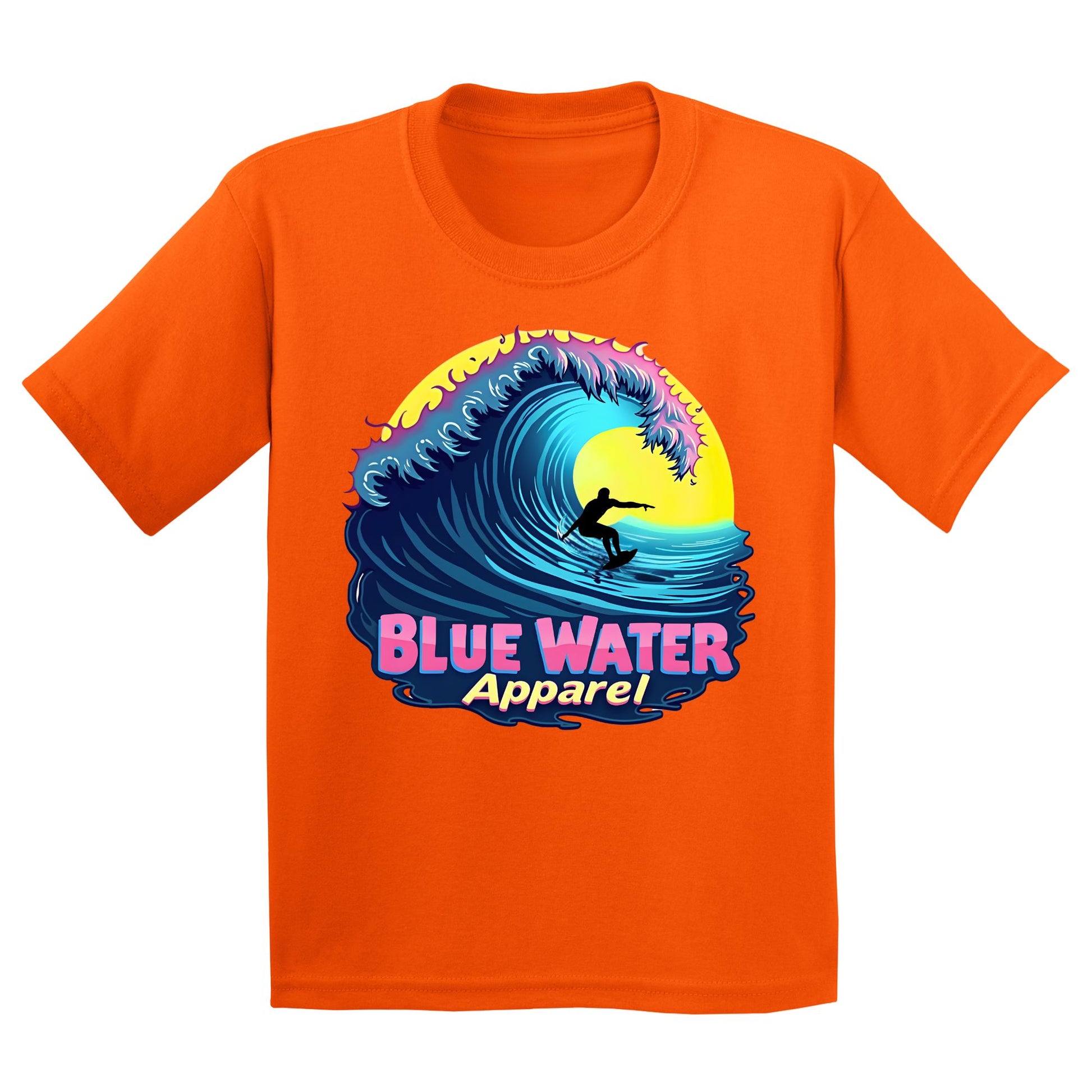 flat lay orange neon surfer kids tee by blue water apparel