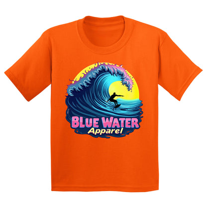 flat lay orange neon surfer kids tee by blue water apparel