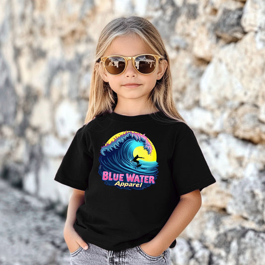 child model against stone wall wearing black neon surfer tee by blue water apparel
