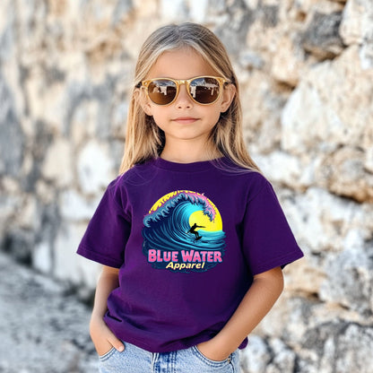 child model wearing purple neon surfer tee by blue water apparel