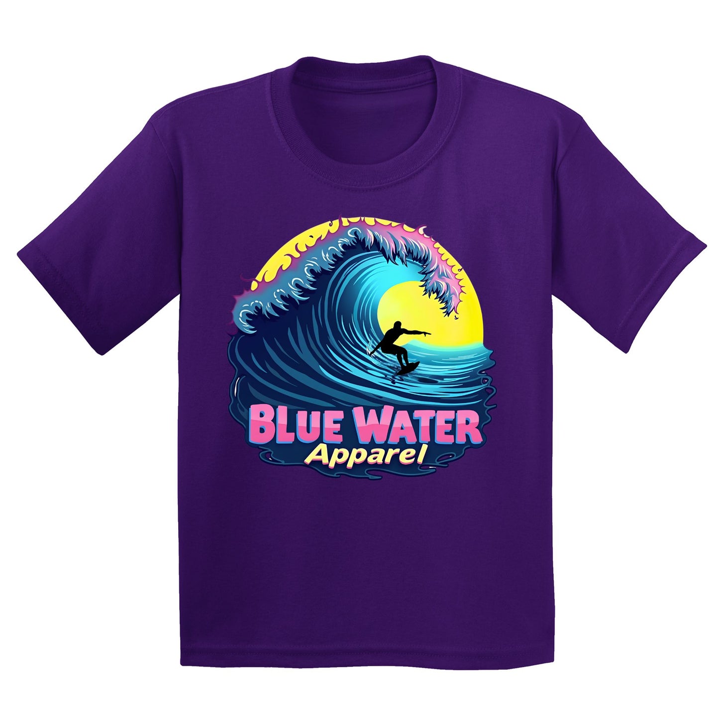 flat lay purple neon surfer kids tee by blue water apparel