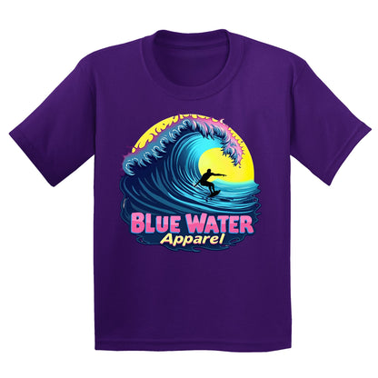 flat lay purple neon surfer kids tee by blue water apparel
