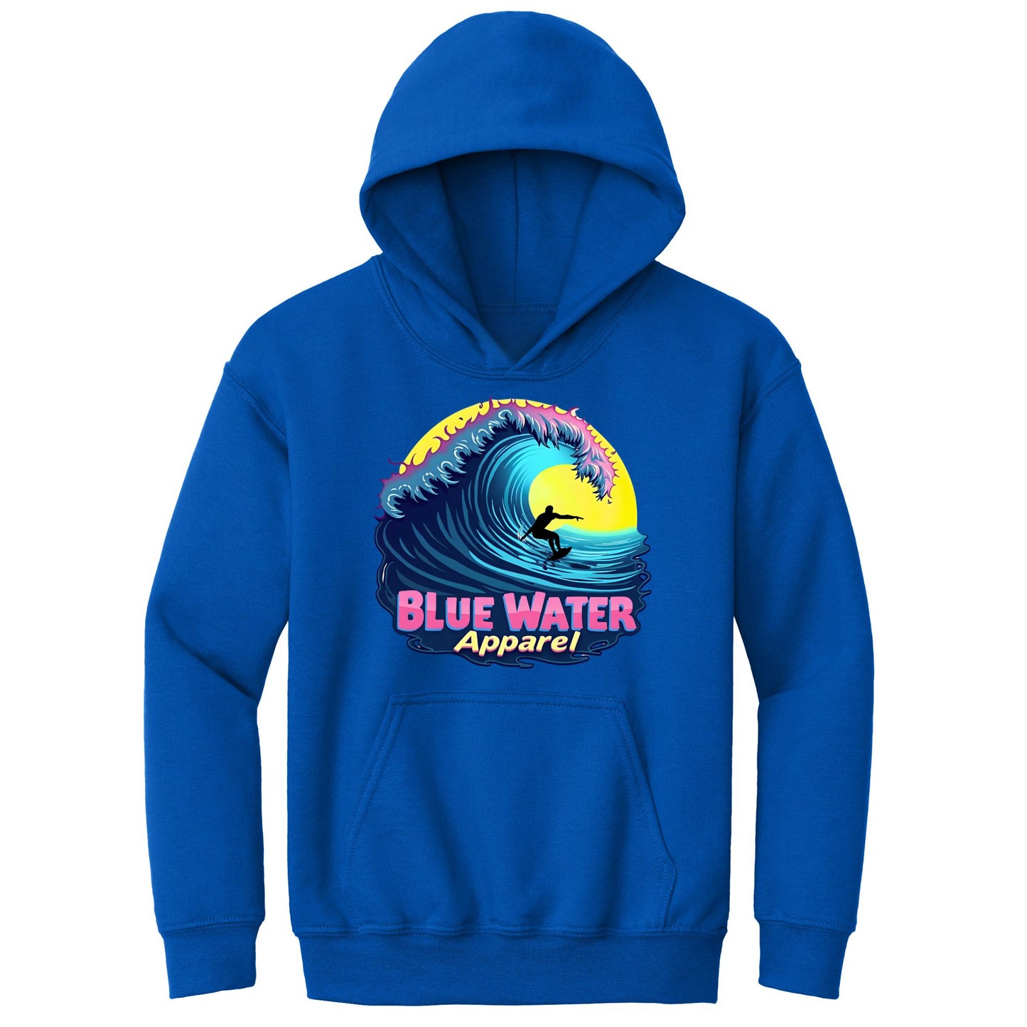 flat lay royal neon surfer kids hoodie by blue water apparel