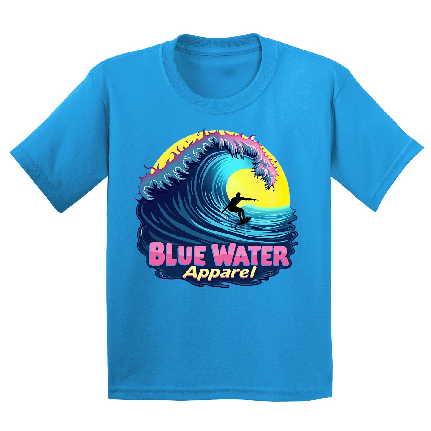 flat lay sapphire neon surfer kids tee by blue water apparel