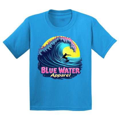 flat lay sapphire neon surfer kids tee by blue water apparel