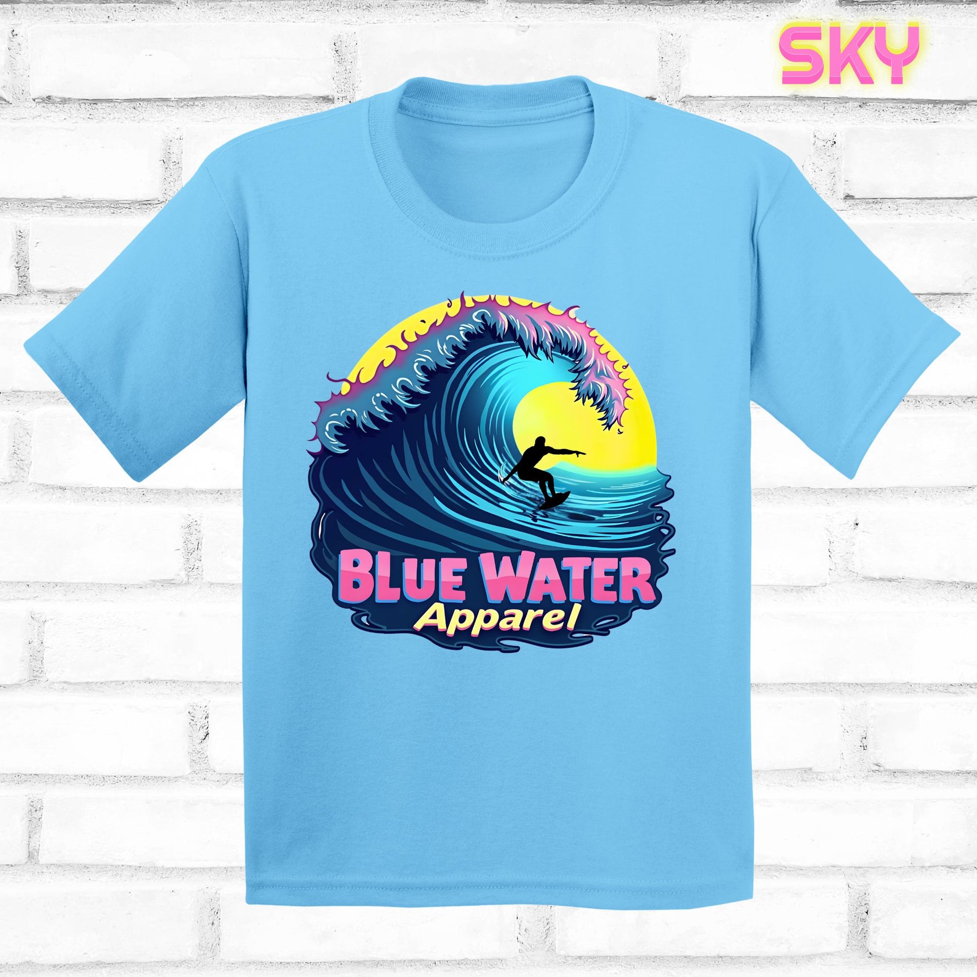 flat lay kids sky neon surfer tee by blue water apparel