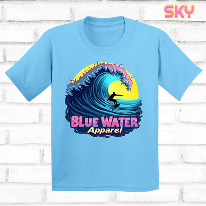 flat lay kids sky neon surfer tee by blue water apparel