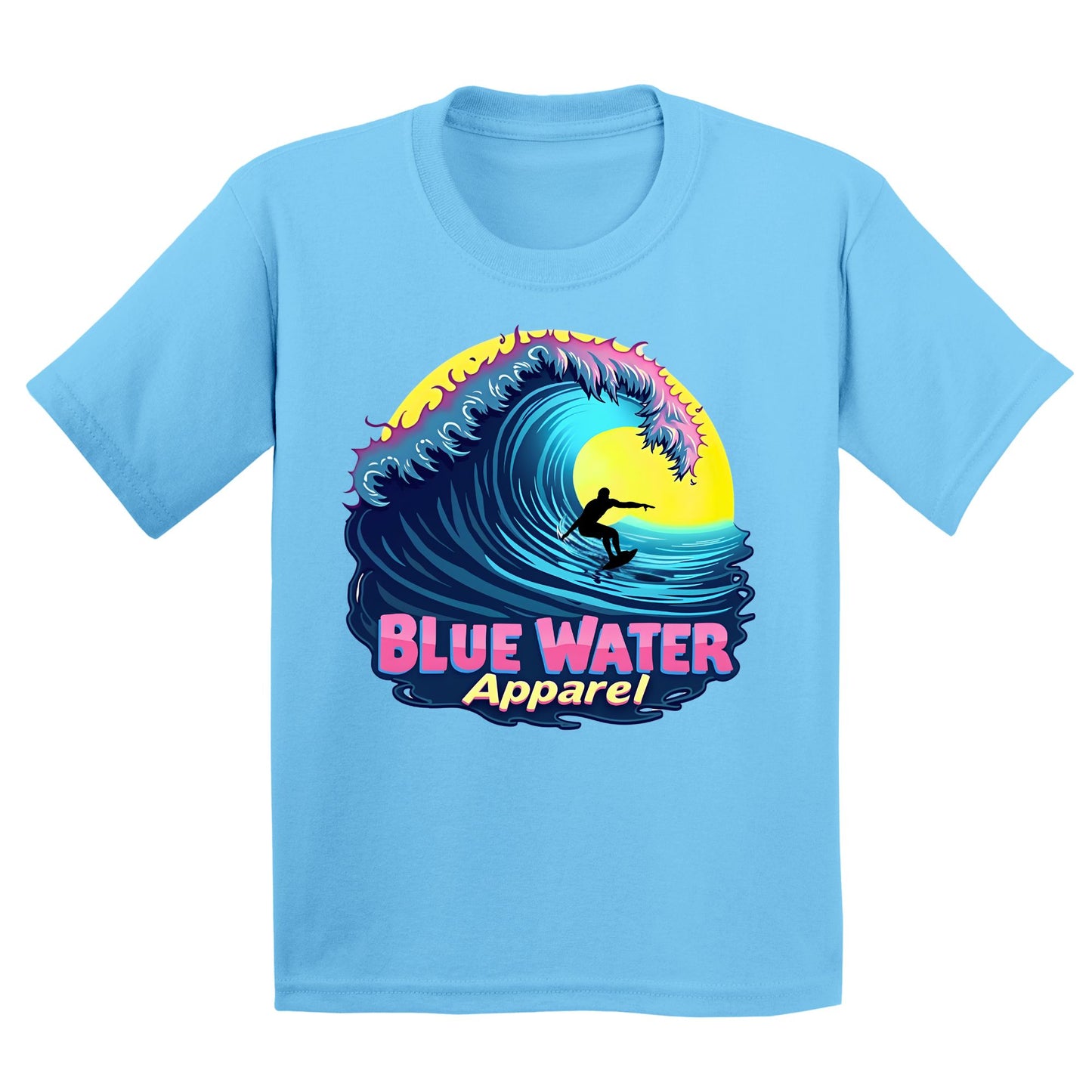 flat lay sky neon surfer kids tee by blue water apparel