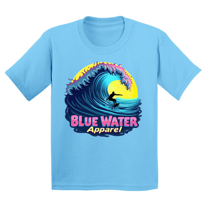 flat lay sky neon surfer kids tee by blue water apparel