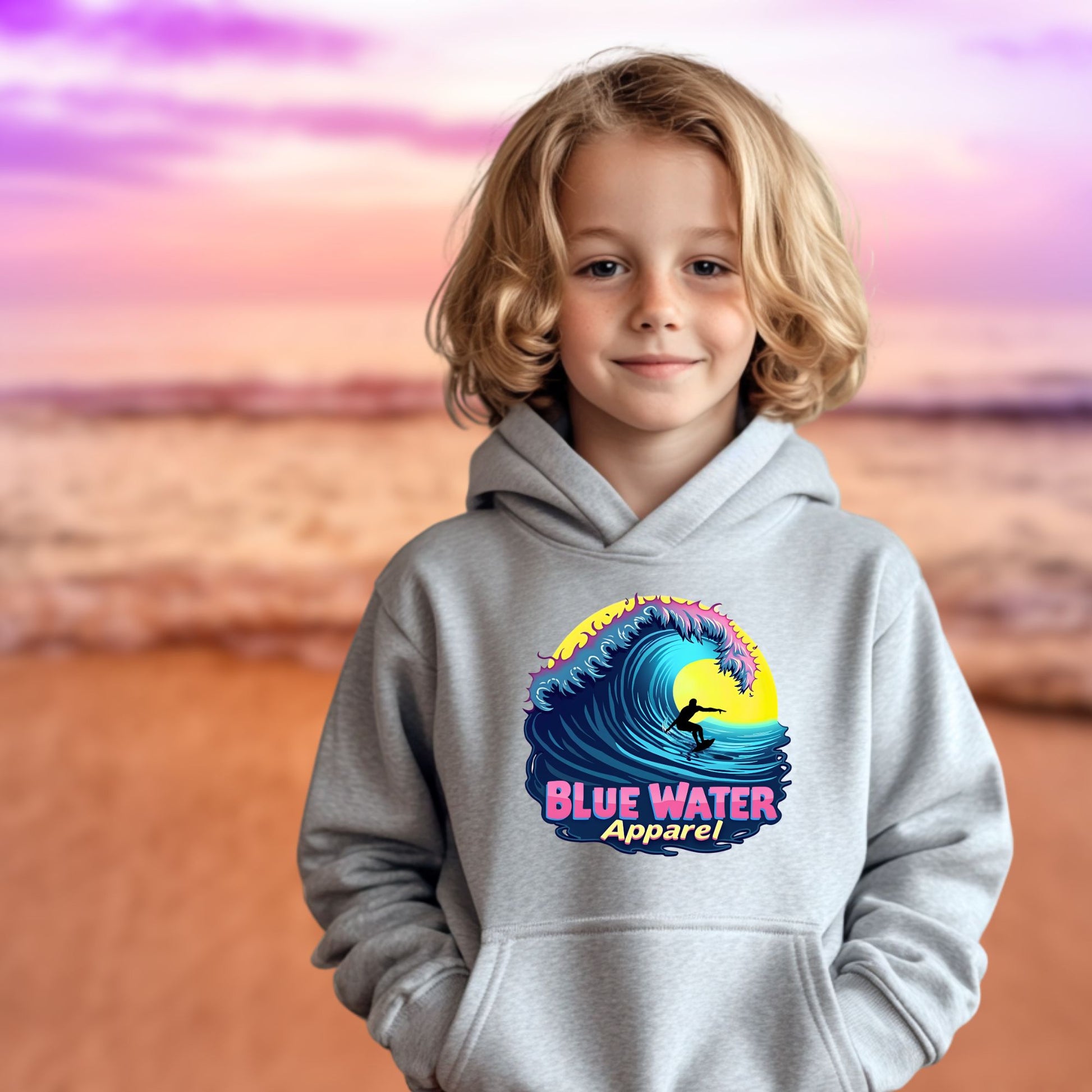 male model on beach wearing sport grey neon surfer kids hoodie by blue water apparel