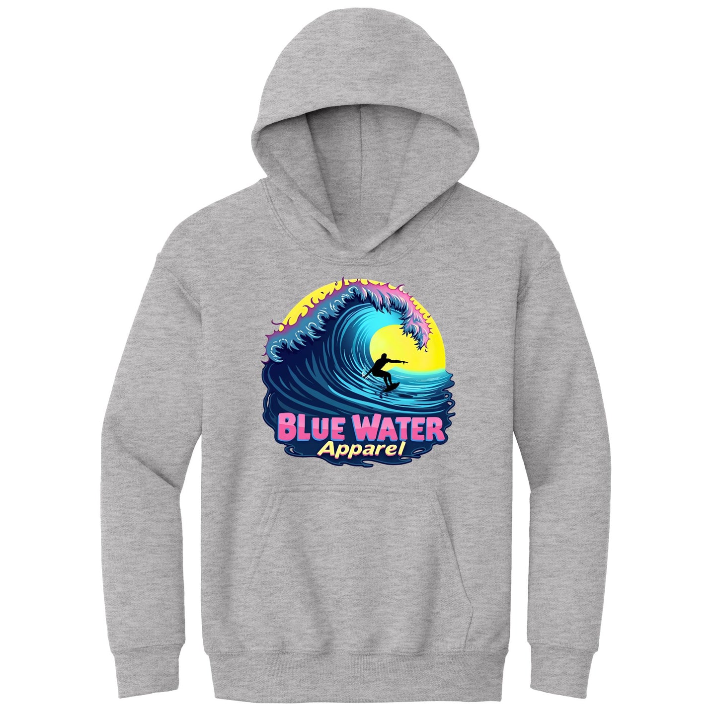 flat lay sport grey neon surfer kids hoodie by blue water apparel