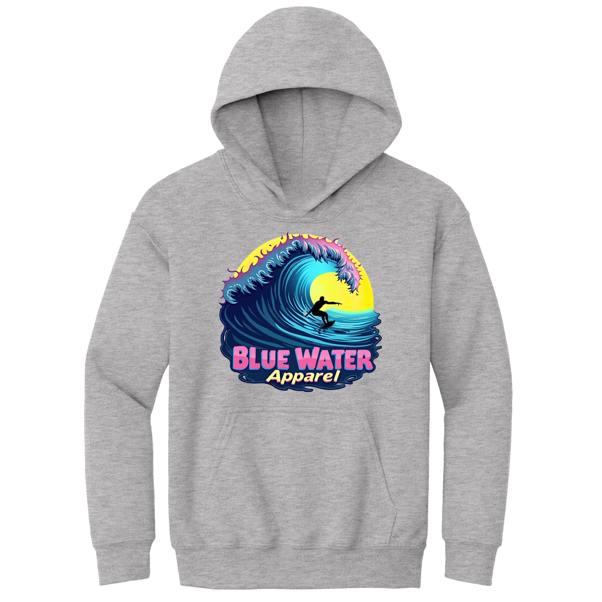 flat lay sport grey neon surfer kids hoodie by blue water apparel