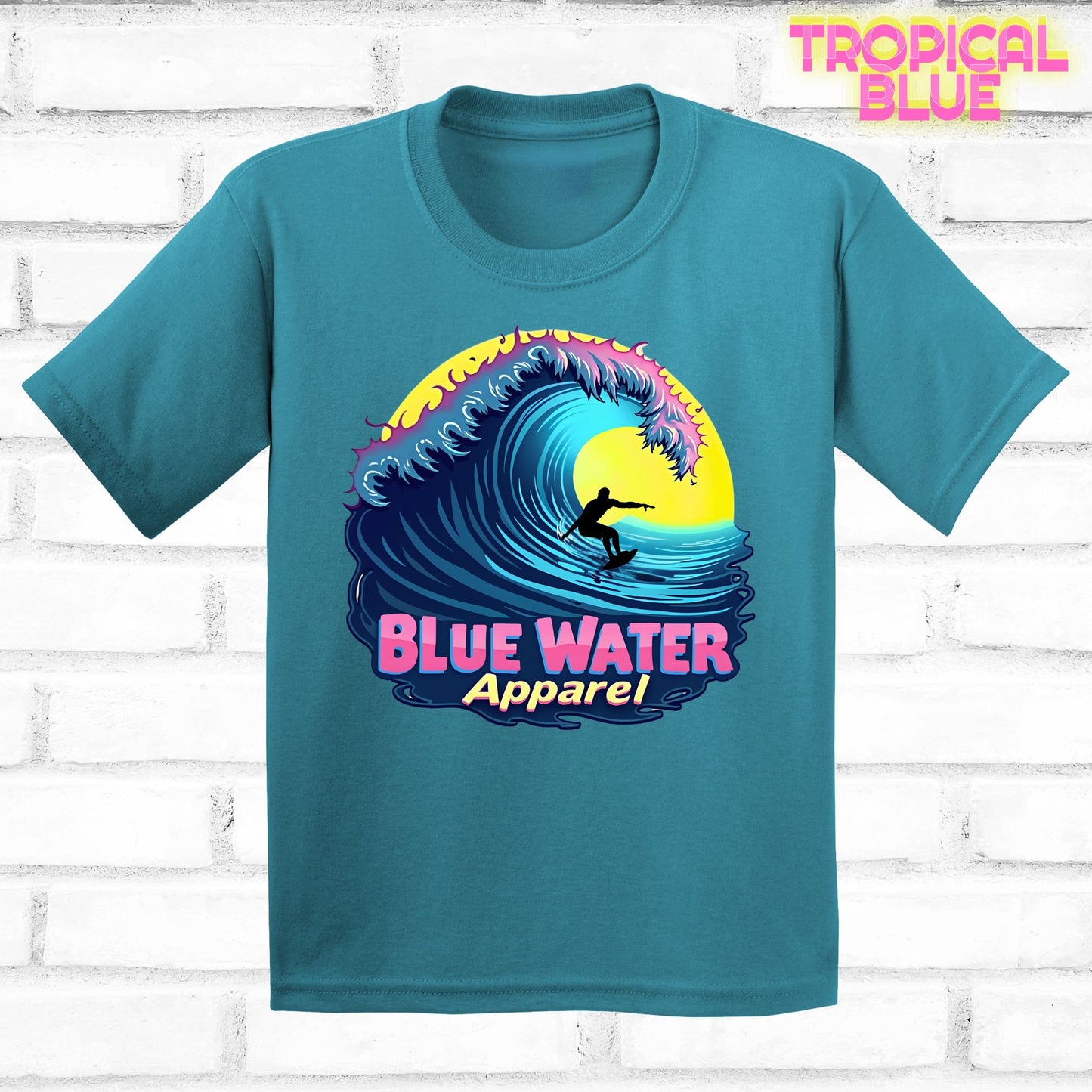 flat lay kids tropical blue neon surfer tee by blue water apparel