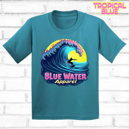 flat lay kids tropical blue neon surfer tee by blue water apparel
