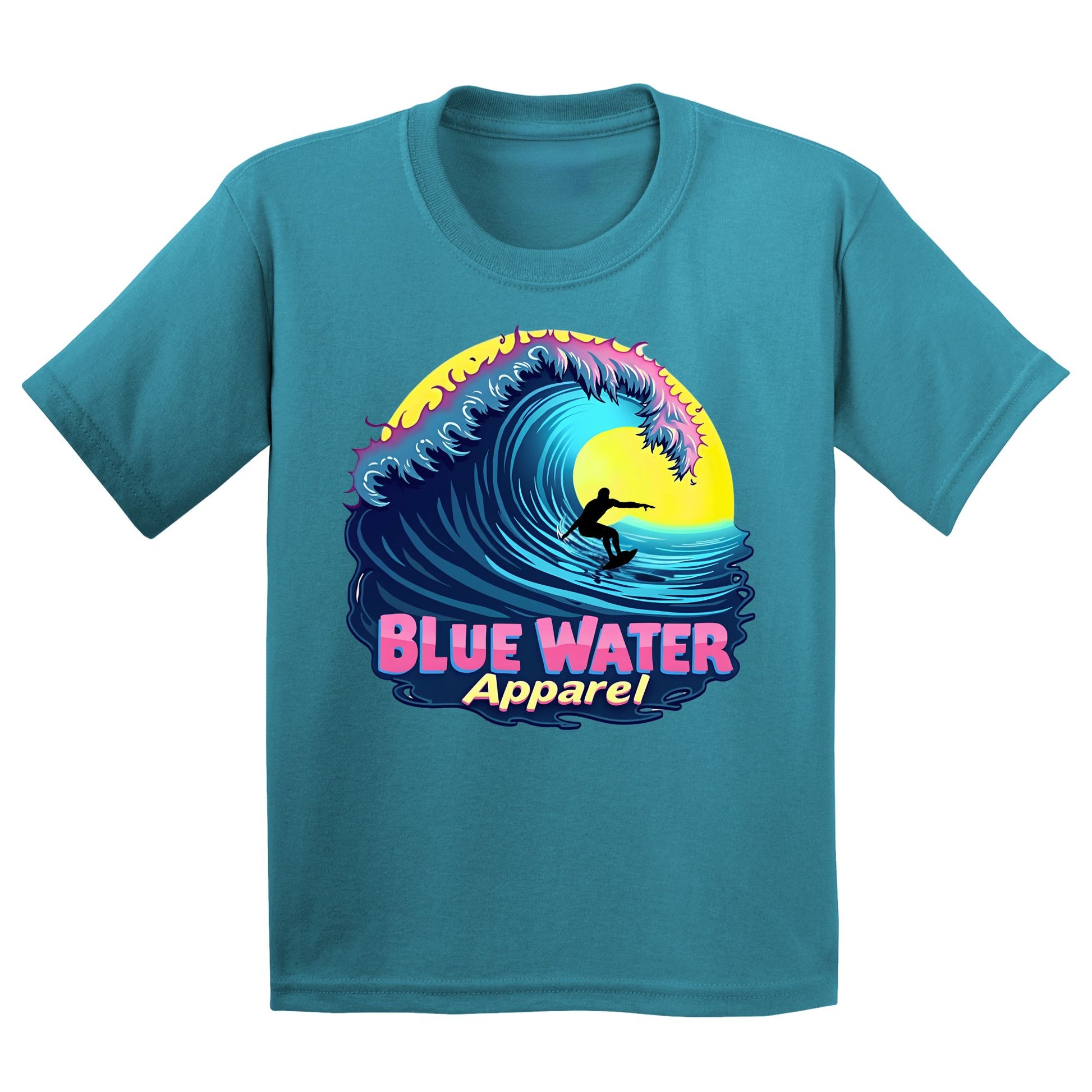 flat lay tropical blue neon surfer kids tee by blue water apparel