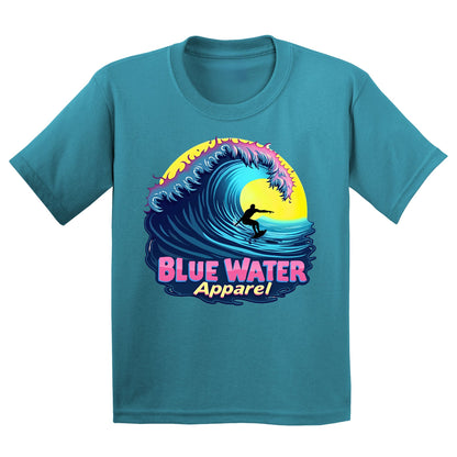 flat lay tropical blue neon surfer kids tee by blue water apparel