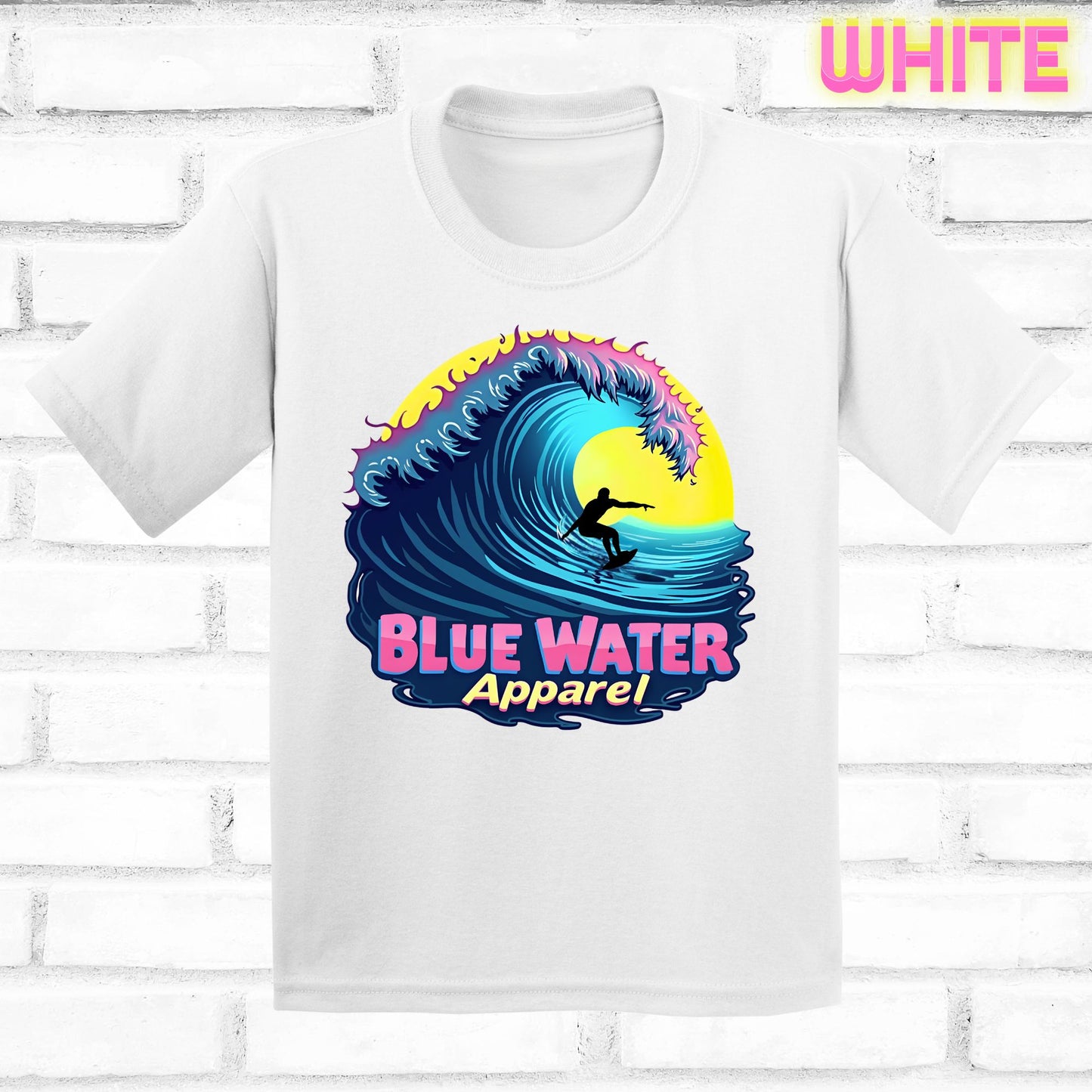 flat lay kids white neon surfer tee by blue water apparel