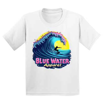 flat lay white neon surfer kids tee by blue water apparel