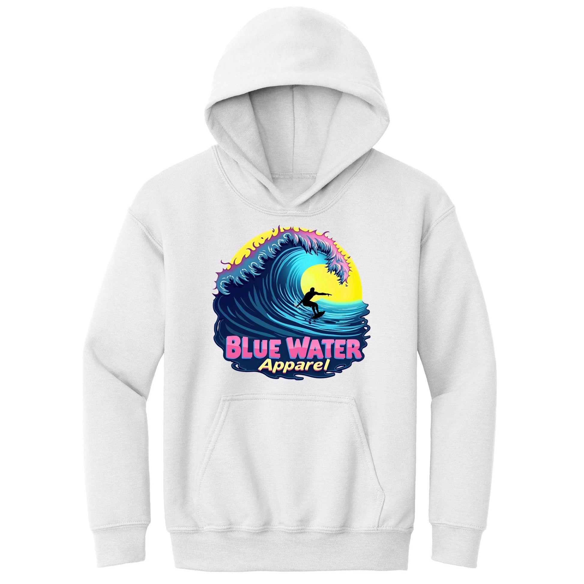 flat lay white neon surfer kids hoodie by blue water apparel
