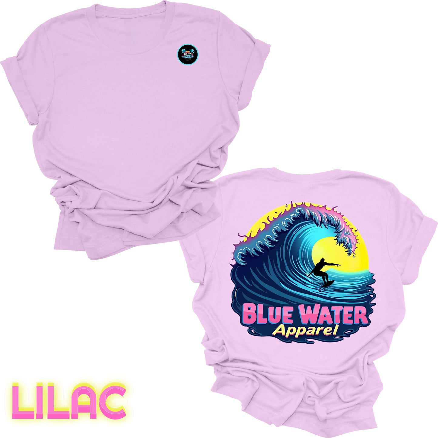 flat lay back graphic lilac neon surfer tee by blue water apparel