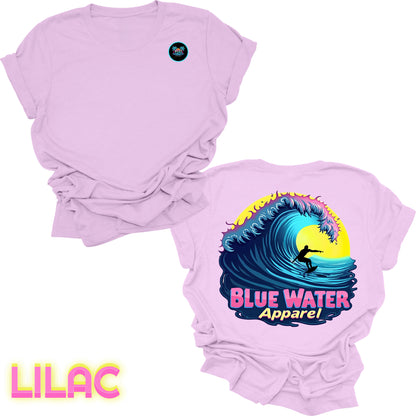 flat lay back graphic lilac neon surfer tee by blue water apparel