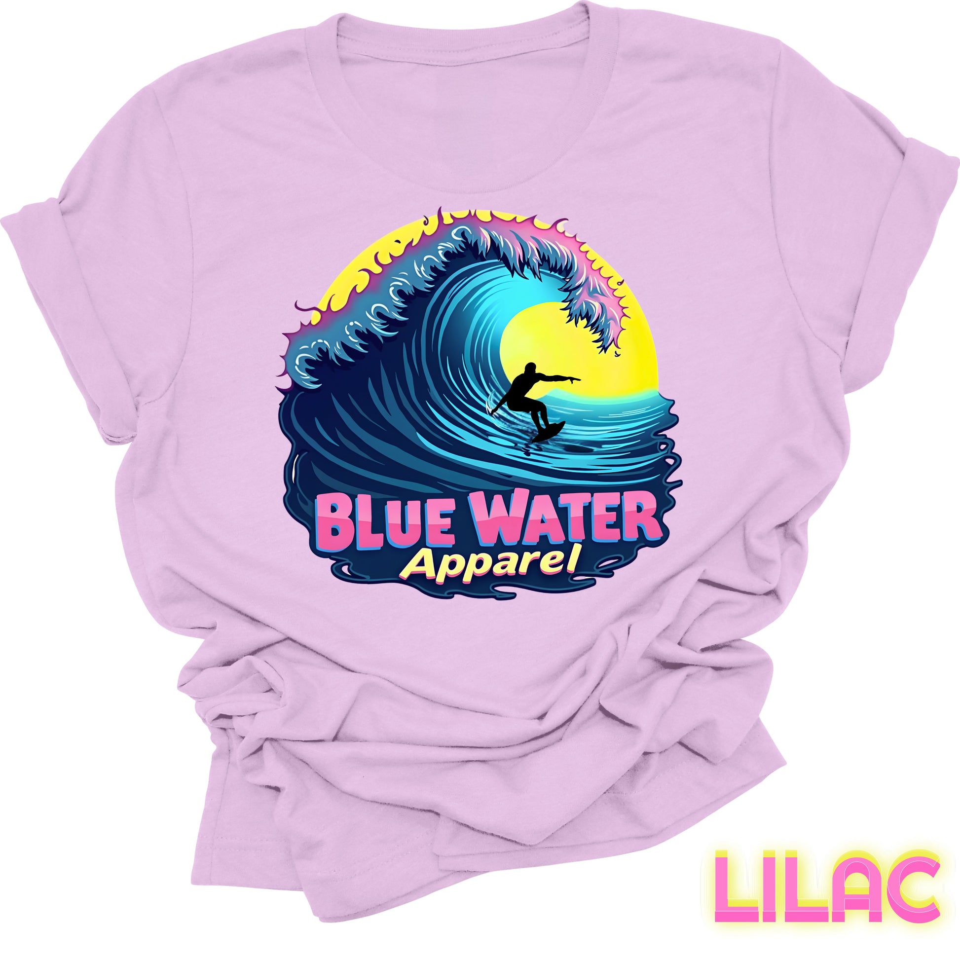 flat lay front graphic lilac neon surfer tee by blue water apparel