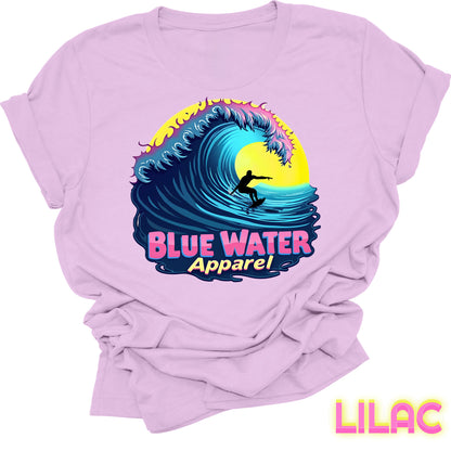 flat lay front graphic lilac neon surfer tee by blue water apparel
