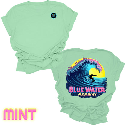 flat lay back graphic mint neon surfer tee by blue water apparel