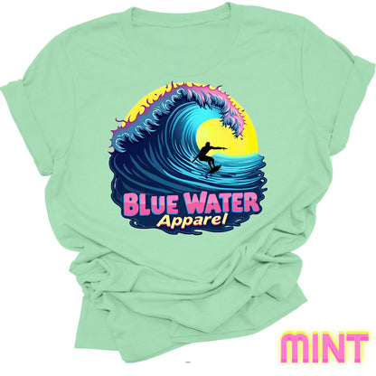 flat lay front graphic mint neon surfer tee by blue water apparel