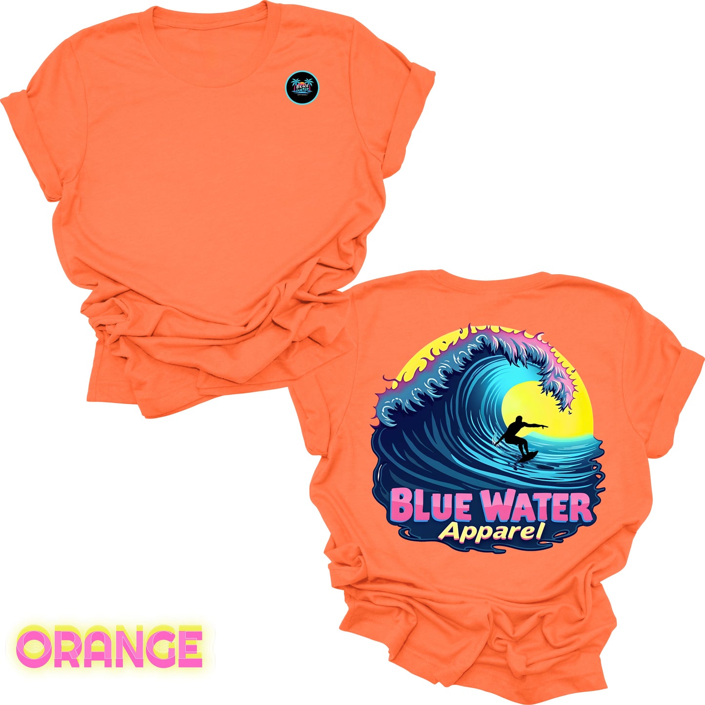 flat lay back graphic orange neon surfer tee by blue water apparel