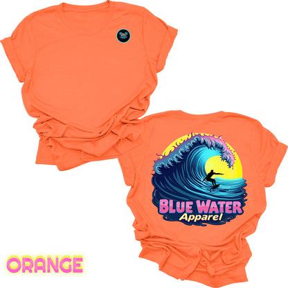 flat lay back graphic orange neon surfer tee by blue water apparel