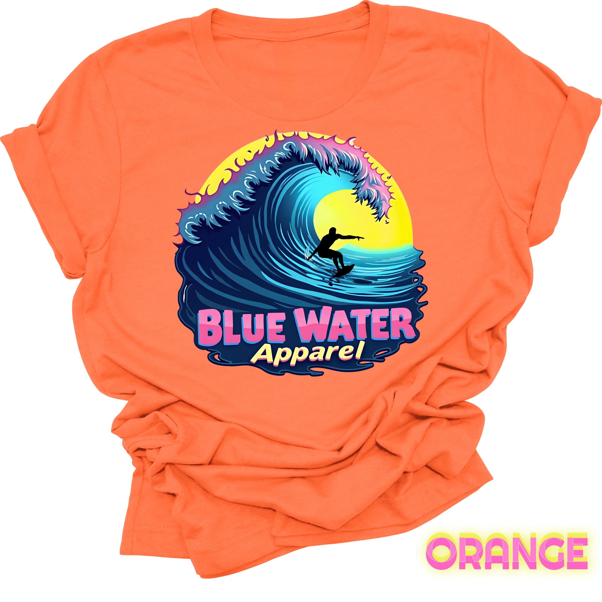flat lay front graphic orange neon surfer tee by blue water apparel