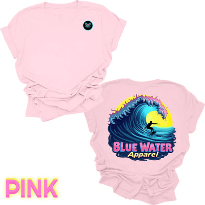 flat lay back graphic pink neon surfer tee by blue water apparel