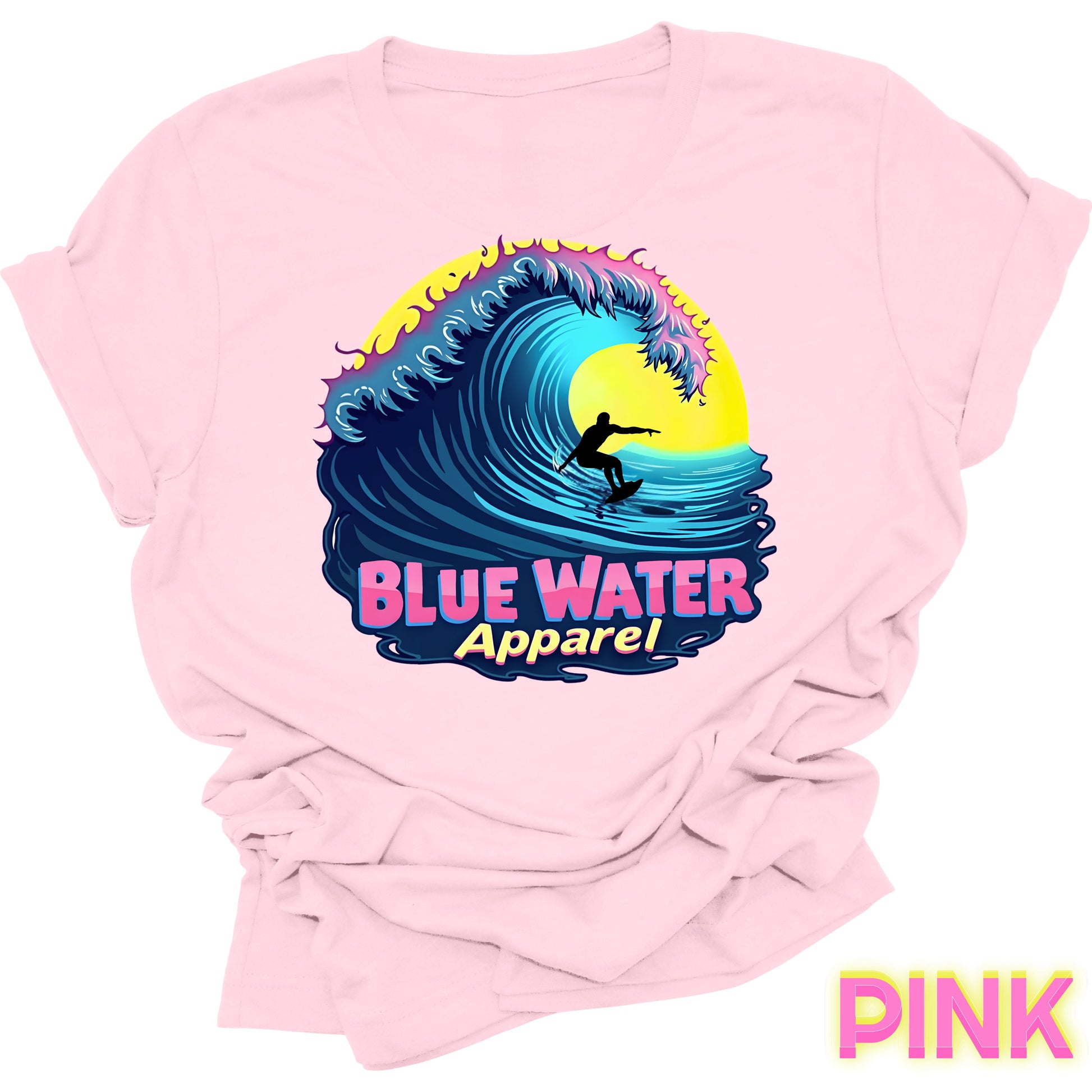 flat lay front graphic pink neon surfer tee by blue water apparel