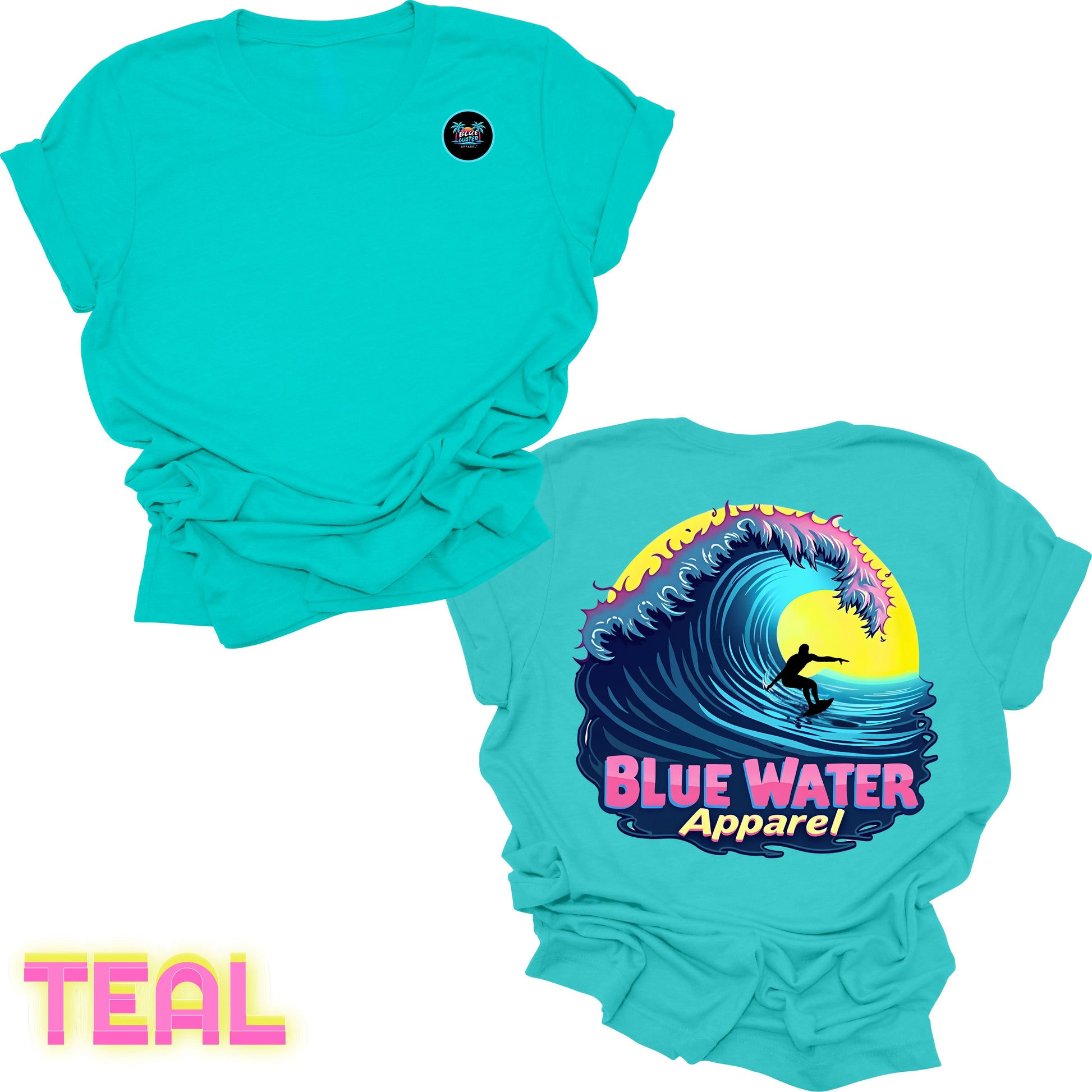 flat lay back graphic teal neon surfer tee by blue water apparel