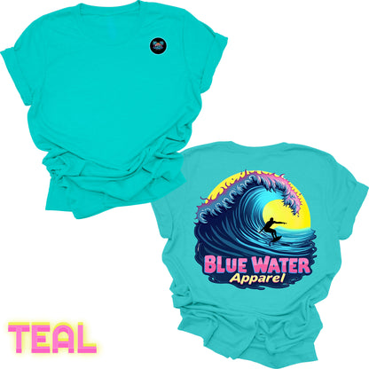 flat lay back graphic teal neon surfer tee by blue water apparel