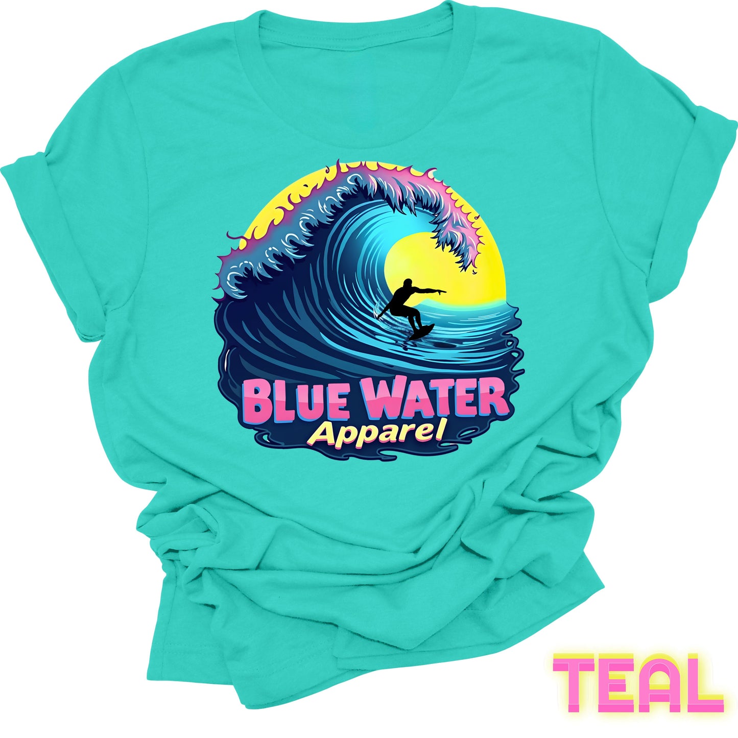 flat lay front graphic teal neon surfer tee by blue water apparel