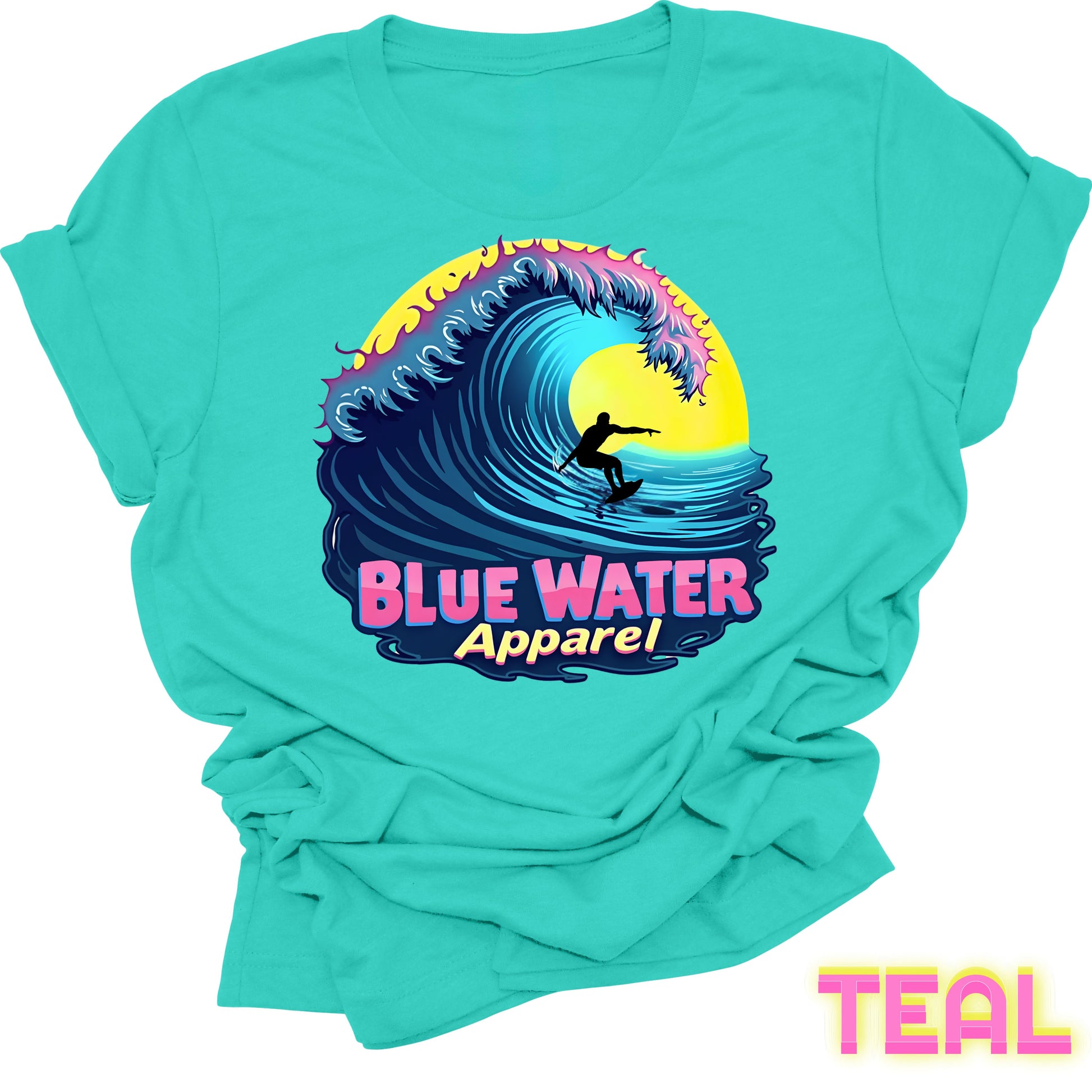 flat lay front graphic teal neon surfer tee by blue water apparel