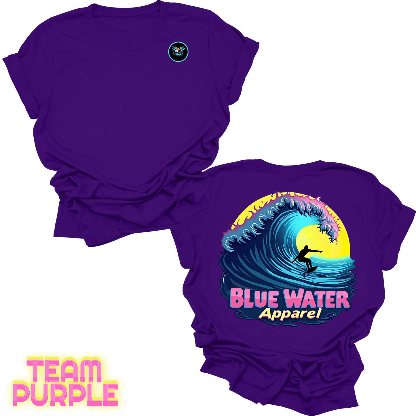 flat lay back graphic team purple neon surfer tee by blue water apparel